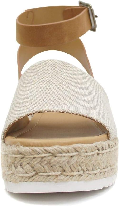 Soda Topic Open Toe Buckle Ankle Strap Espadrilles Flatform Wedge Casual Sandal (Beige Canvas/Tan 8)