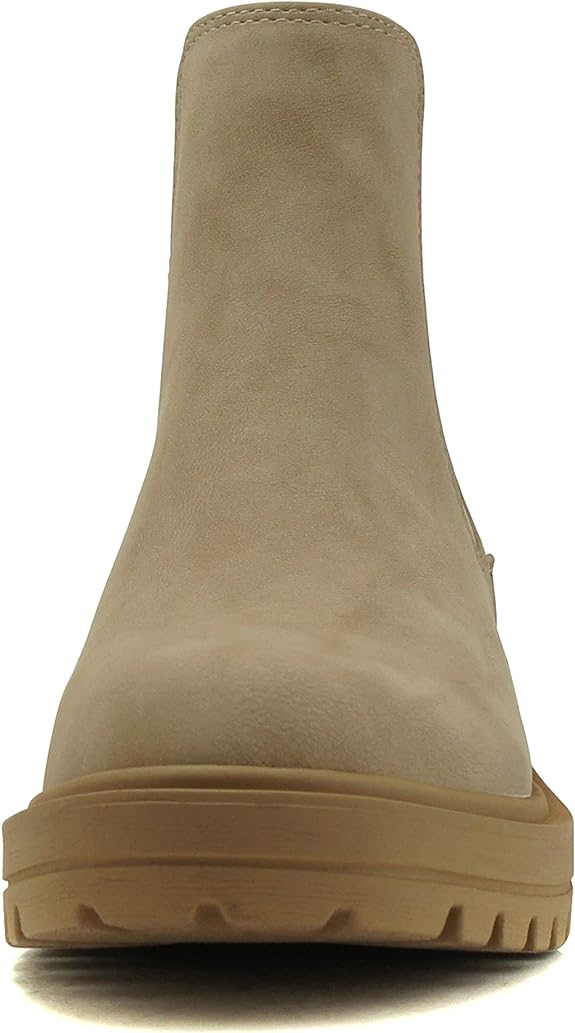 Soda Pilot Women Lug Sole Low Heel Chelsea Fashion Ankle Bootie w/Double Elastic Gore (BEIGE 8)