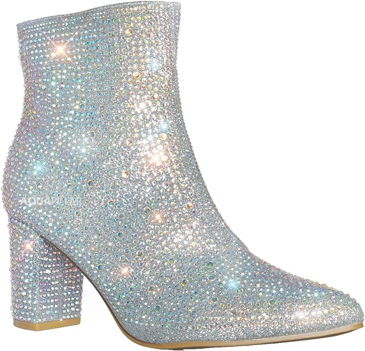 Women Rhinestone Block Chunky Heel Ankle Bootie Iceberg 12 By Forever shoes Silver 8