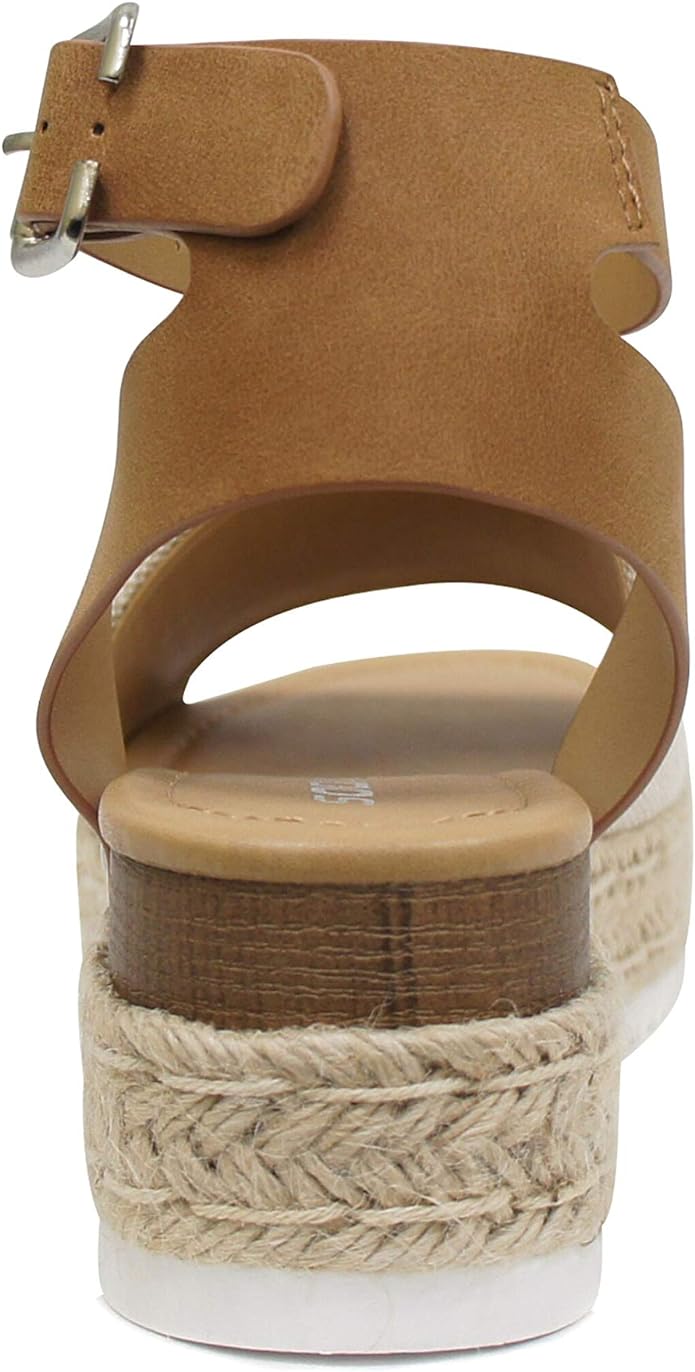 Soda Topic Open Toe Buckle Ankle Strap Espadrilles Flatform Wedge Casual Sandal (Beige Canvas/Tan 8)