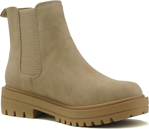 Soda Pilot Women Lug Sole Low Heel Chelsea Fashion Ankle Bootie w/Double Elastic Gore (BEIGE 8)
