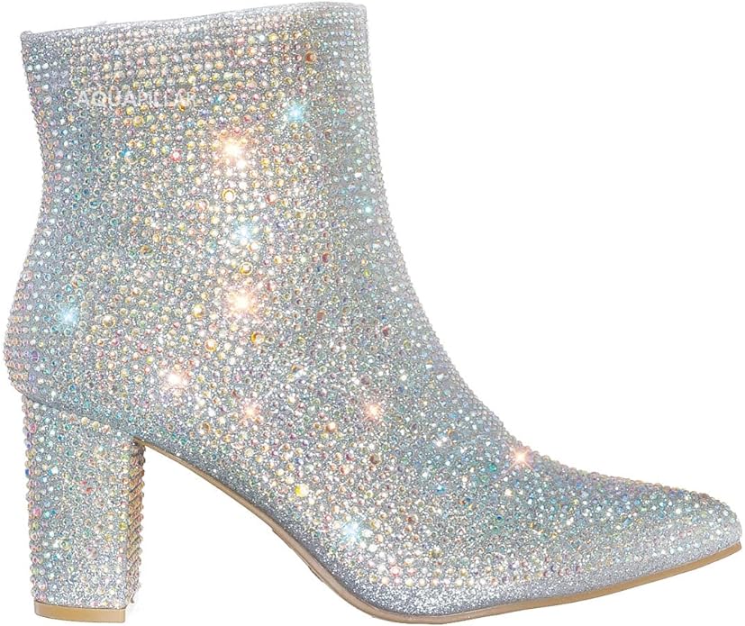 Women Rhinestone Block Chunky Heel Ankle Bootie Iceberg 12 By Forever shoes Silver 8