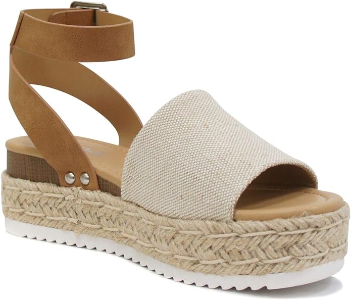Soda Topic Open Toe Buckle Ankle Strap Espadrilles Flatform Wedge Casual Sandal (Beige Canvas/Tan 8)