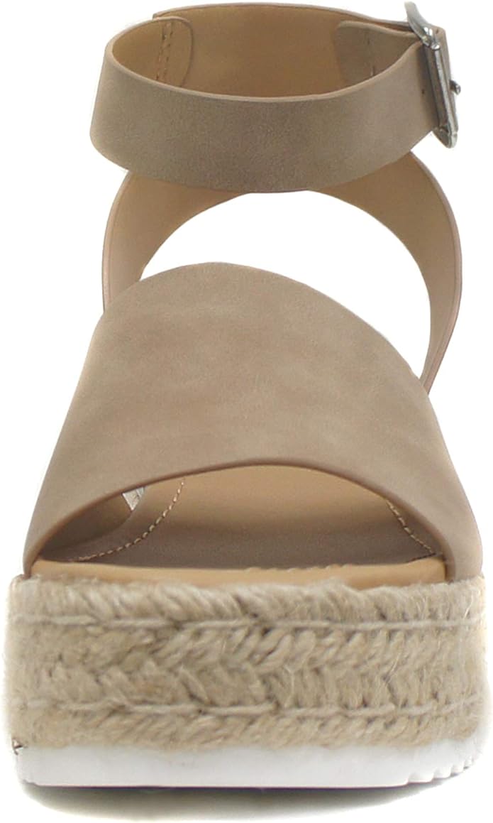 Soda Topic Open Toe Buckle Ankle Strap Espadrilles Flatform Wedge Casual Sandal (Dark Natural 7.5)