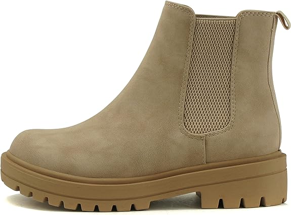 Soda Pilot Women Lug Sole Low Heel Chelsea Fashion Ankle Bootie w/Double Elastic Gore (BEIGE 8)