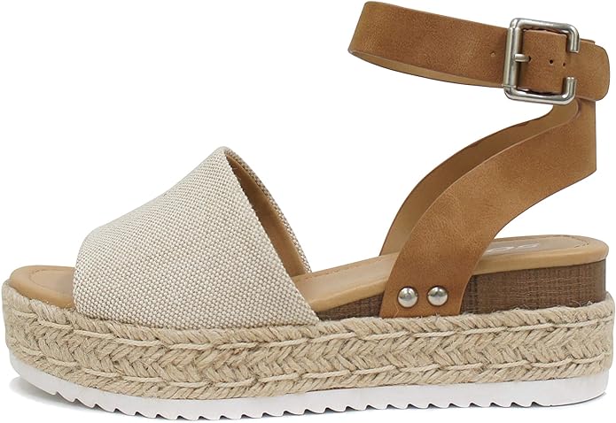 Soda Topic Open Toe Buckle Ankle Strap Espadrilles Flatform Wedge Casual Sandal (Beige Canvas/Tan 8)