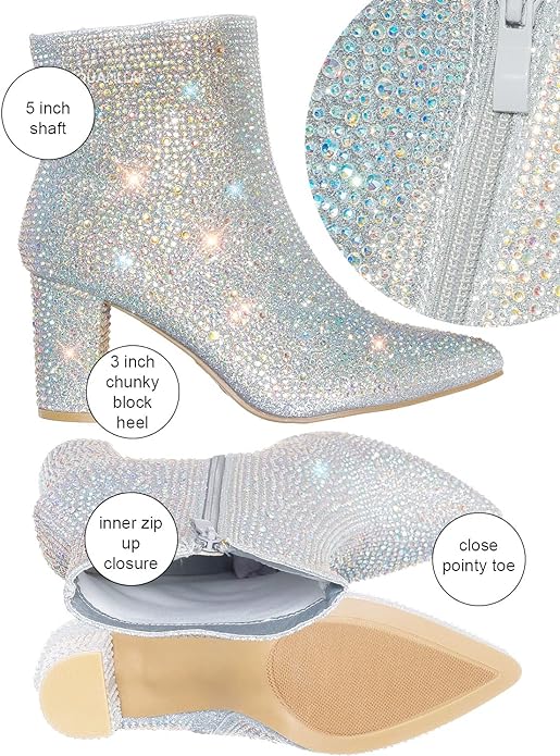Women Rhinestone Block Chunky Heel Ankle Bootie Iceberg 12 By Forever shoes Silver 8
