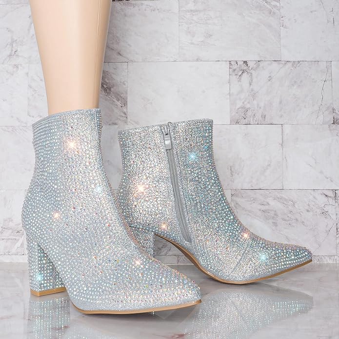 Women Rhinestone Block Chunky Heel Ankle Bootie Iceberg 12 By Forever shoes Silver 8