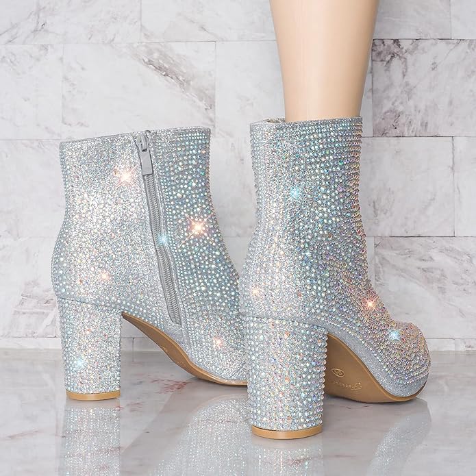 Women Rhinestone Block Chunky Heel Ankle Bootie Iceberg 12 By Forever shoes Silver 8