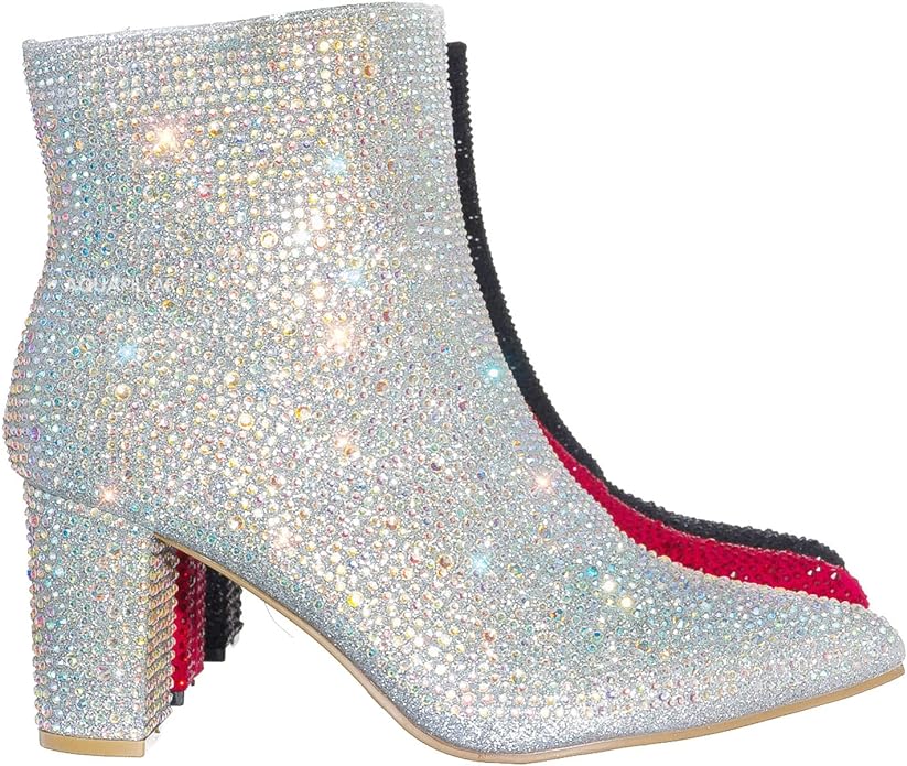 Women Rhinestone Block Chunky Heel Ankle Bootie Iceberg 12 By Forever shoes Silver 8