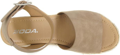 Soda Topic Open Toe Buckle Ankle Strap Espadrilles Flatform Wedge Casual Sandal (Dark Natural 7.5)