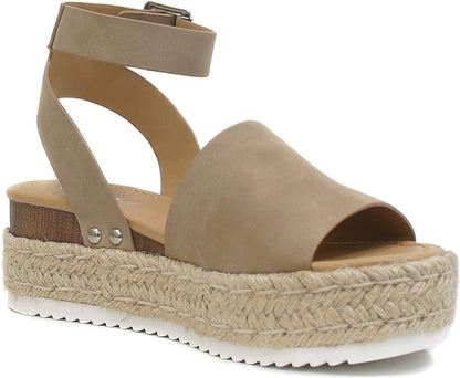 Soda Topic Open Toe Buckle Ankle Strap Espadrilles Flatform Wedge Casual Sandal (Dark Natural 7.5)