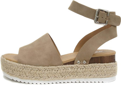 Soda Topic Open Toe Buckle Ankle Strap Espadrilles Flatform Wedge Casual Sandal (Dark Natural 7.5)