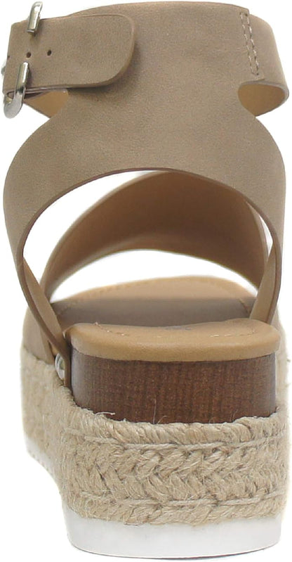 Soda Topic Open Toe Buckle Ankle Strap Espadrilles Flatform Wedge Casual Sandal (Dark Natural 7.5)